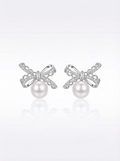 Alvpearl Bow Lace Pearl Studs - 7-8mm Pearl with 925 Sterling Silver Bow Motif
