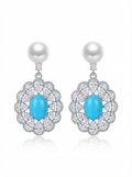 Alvpearl Solar Heritage China-Chic Turquoise & Pearl Studs - Sunflower Motif with Vivid Turquoise, Zircon Halo and 7-8mm Pearl