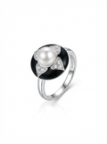 Alvpearl Gilded Obsidian Clover Pearl Ring - 8mm Pearl with 925 Sterling Silver Black and Gold Clover Motif