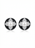 Alvpearl Gilded Obsidian Clover Pearl Studs - 6mm Pearl with Gold-Toned Clover and Black Obsidian Inlay