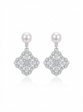 Alvpearl Shimmering Clover Freshwater Pearl Stud Earrings - 7-8mm Pearl with 925 Sterling Silver Zircon Clover