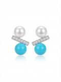 Alvpearl Azure Minimalist Turquoise & Pearl Studs - 6-7mm Pearl with 925 Sterling Silver and Turquoise