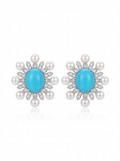Alvpearl Frozen Sun Flower Turquoise & Pearl China-Chic Studs - 3mm Pearl with 925 Sterling Silver